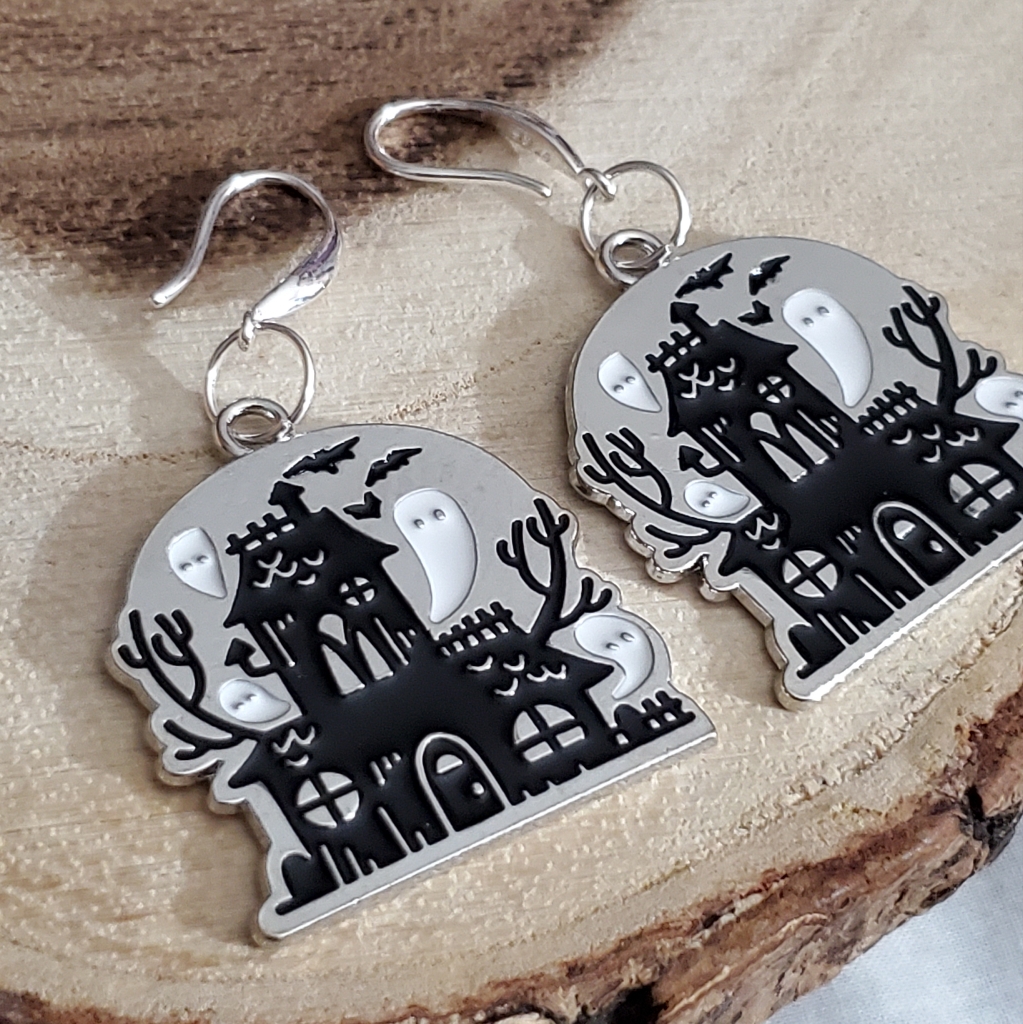 Halloween 925 Sterling Silver Earrings Haunted House Ghost Enamel Big Handmade 25$